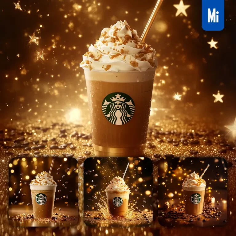 midjourney prompt Starbucks caramel golden coffee advertising photography