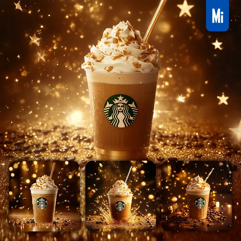 Midjourney Prompt Starbucks Caramel Golden Coffee Advertising Photography