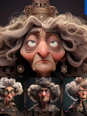 Midjourney Prompt Aged Queen Lady Crown Old Quirky Brooding Character Design Animation Cartoon