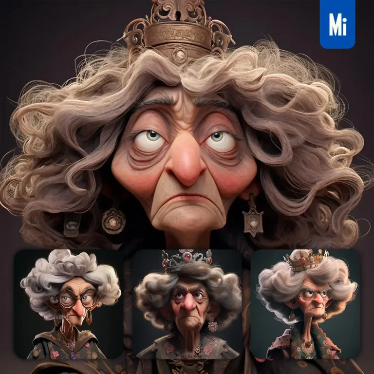 midjourney prompt aged queen lady crown old quirky brooding character design animation cartoon