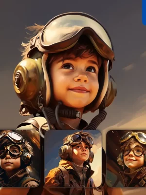 Midjourney Prompt Air Force Pilot Boy Kids Superhero Golden Cartoon Illustration Painting