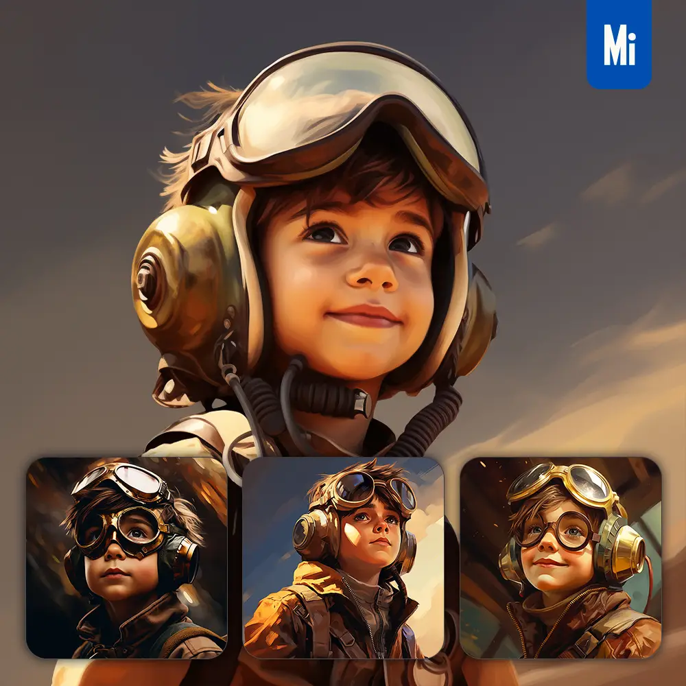 Midjourney Prompt Air Force Pilot Boy Kids Superhero Golden Cartoon Illustration Painting