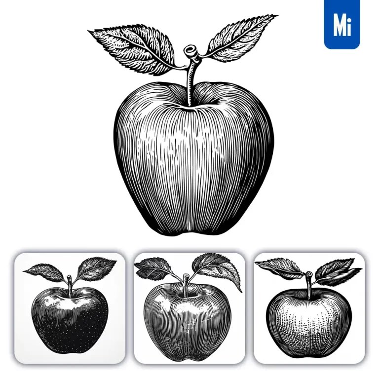 midjourney prompt apple woodcut print black and white illustration