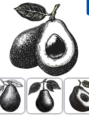 Midjourney Prompt Avocado Woodcut Print Black And White Illustration