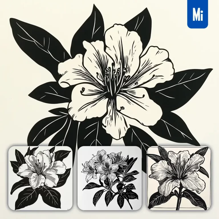 midjourney prompt azalea flower woodcut print black and white illustration