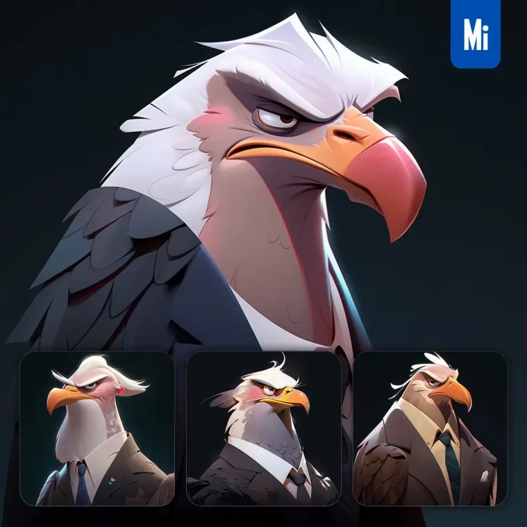 midjourney prompt bald eagle boss man suit quirky brooding character design animation cartoon