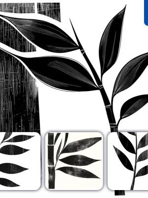 Midjourney Prompt Bamboo Leaf Vector Woodcut Print Black And White Illustration Graphic Pattern