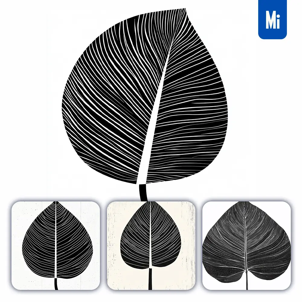midjourney prompt banyan leaf vector woodcut print black and white illustration graphic pattern