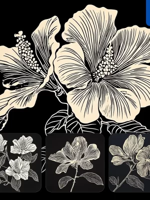 Midjourney Prompt Bauhinia Flower Black And White Woodcut Print Ink Painting Illustration