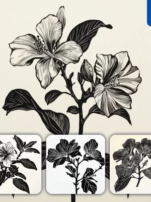 Midjourney Prompt Bauhinia Flower Woodcut Print Black And White Illustration