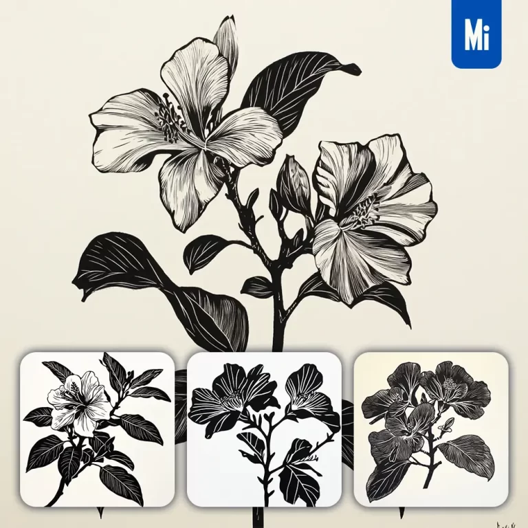 midjourney prompt bauhinia flower woodcut print black and white illustration