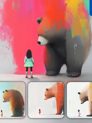 Midjourney Prompt Bear Girl Kid Children Colorful Ink Painting Cute Illustration