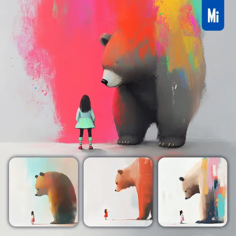midjourney prompt bear girl kid children colorful ink painting cute illustration
