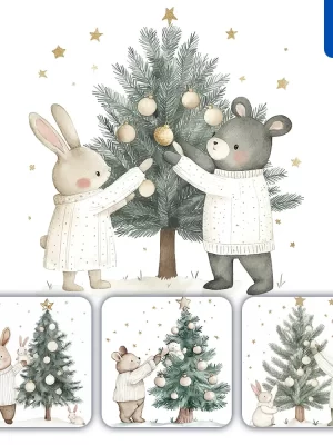 Midjourney Prompt Bear Rabbit Cartoon Christmas Tree Baubles Watercolor Painting