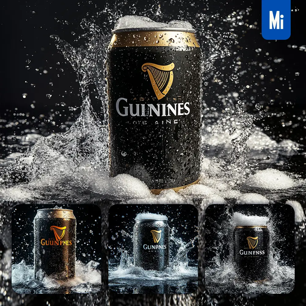 midjourney prompt beer Guinness black can water advertising photography