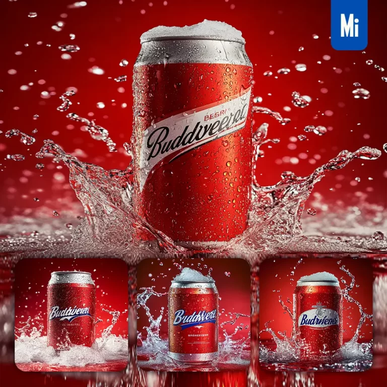 midjourney prompt beer Budweiser red can water advertising photography