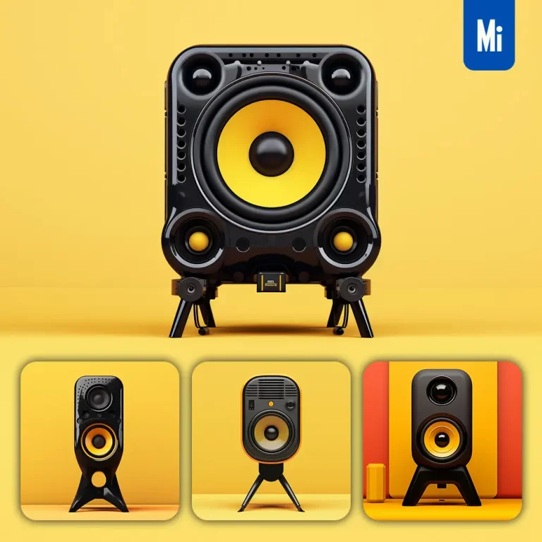 midjourney prompt black speaker sound system yellow retro industrial product functional design 3D rendering photography
