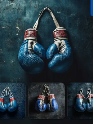 Midjourney Prompt Blue Boxing Gloves Wall Dark Background Sport Photography