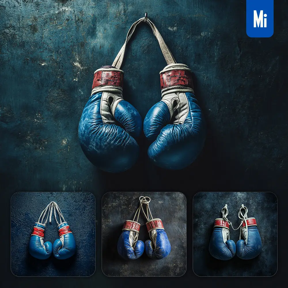 Midjourney Prompt Blue Boxing Gloves Wall Dark Background Sport Photography