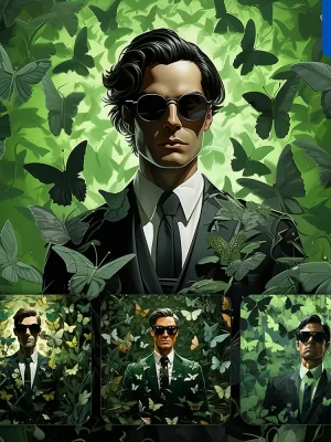 Midjourney Prompt Boss Man Suit Green Handsome Butterfly Leaves Portrait Sunglasses Painting Illustration