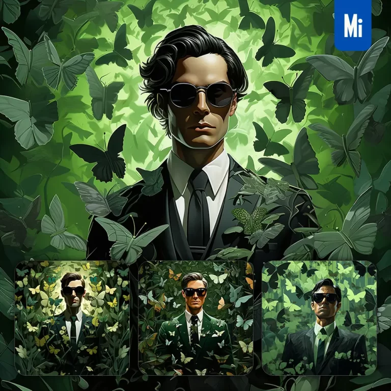 midjourney prompt boss man suit green handsome butterfly leaves portrait sunglasses painting illustration