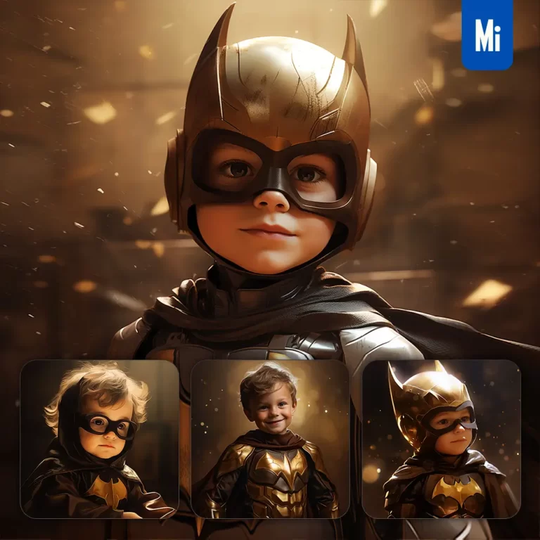 midjourney prompt boy Batman kids superhero golden cartoon illustration painting