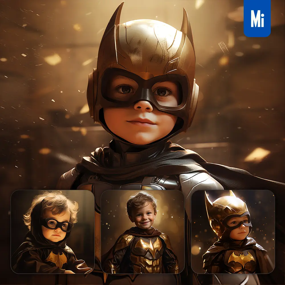 midjourney prompt boy Batman kids superhero golden cartoon illustration painting