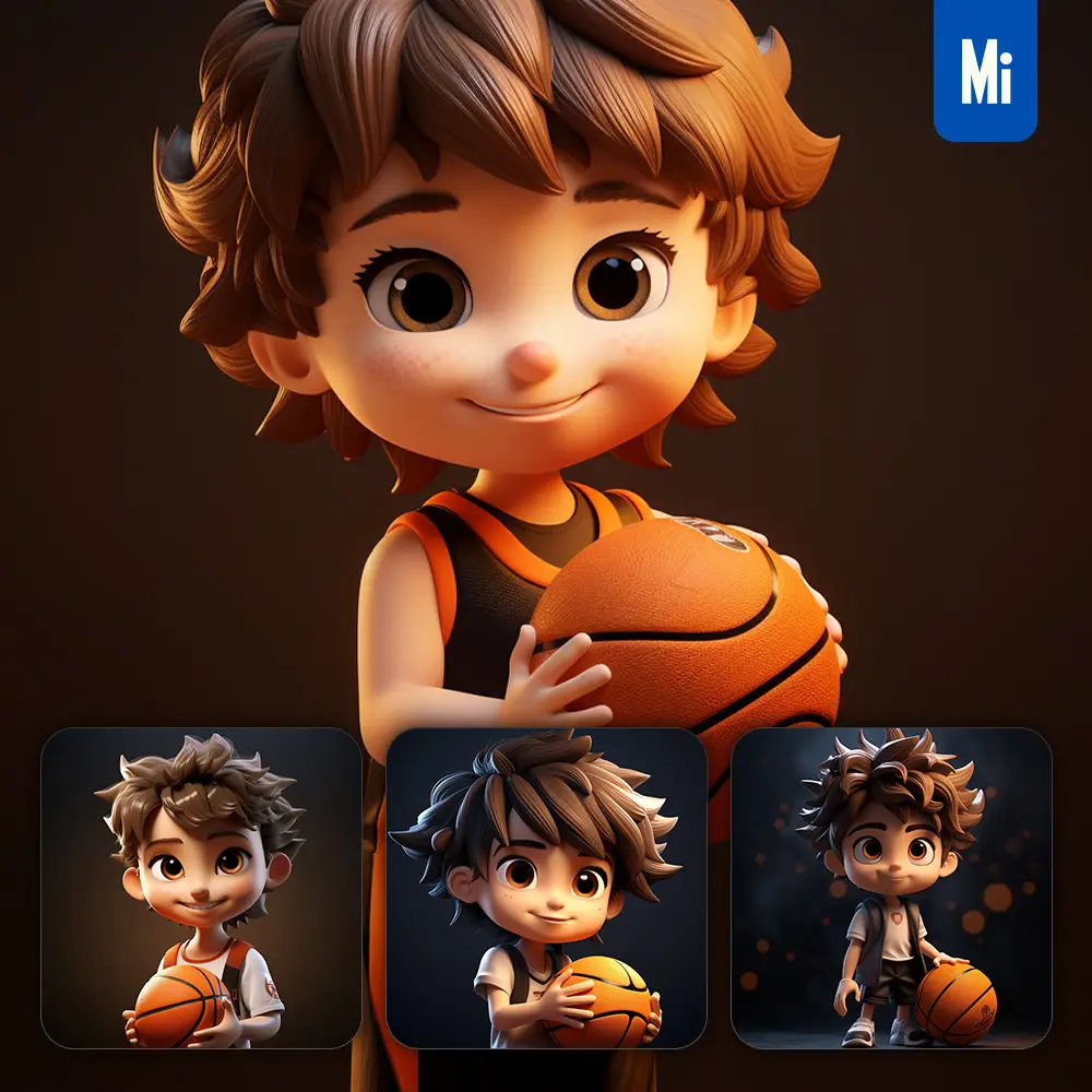 midjourney prompt boy basketball kids pupil children 3D lovely cute doll blind box cartoon