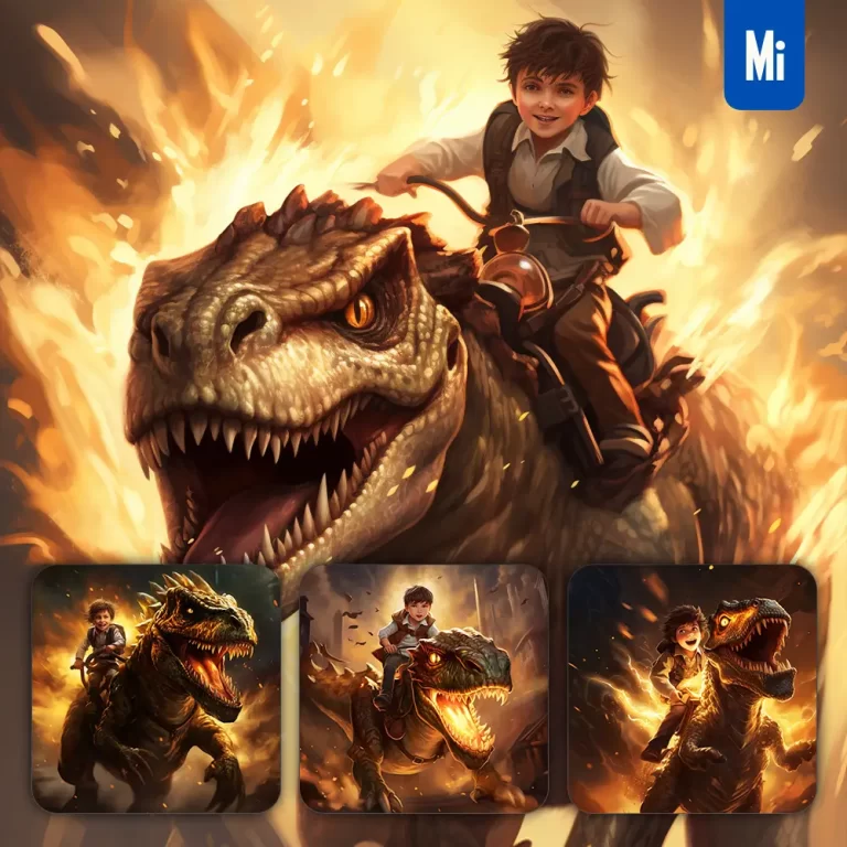 midjourney prompt boy knight dinosaur tyrannosaurus kids superhero golden cartoon illustration painting