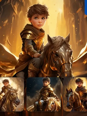 Midjourney Prompt Boy Knight Horse Ride Riding Kids Superhero Golden Cartoon Illustration Painting