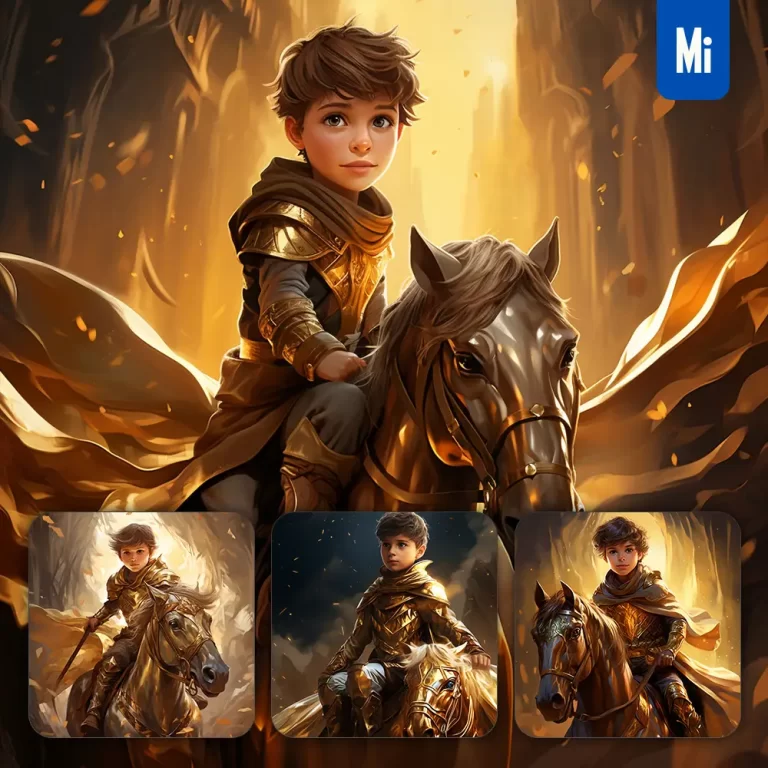 midjourney prompt boy knight horse ride riding kids superhero golden cartoon illustration painting
