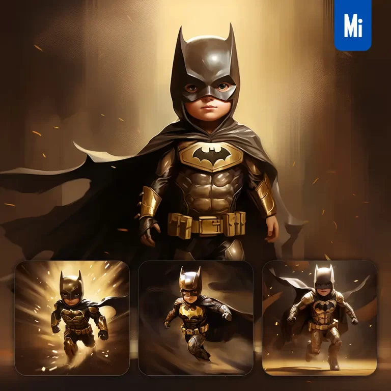 midjourney prompt boy little Batman hero kids superhero golden cartoon illustration painting