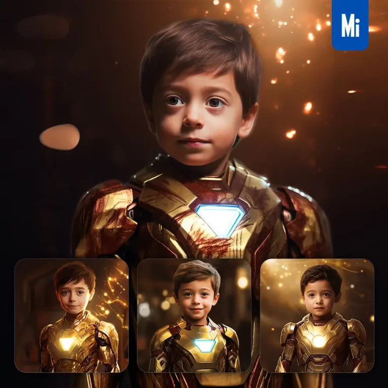 midjourney prompt boy little Iron Man kids superhero golden cartoon illustration painting