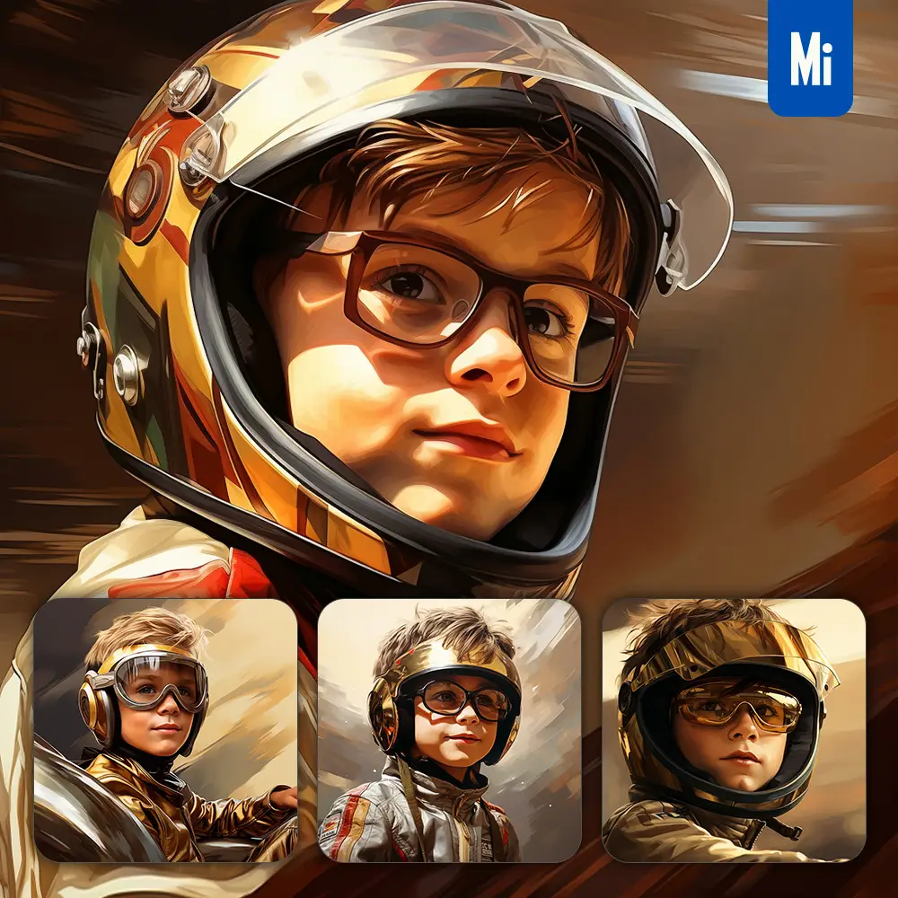 midjourney prompt boy racing car kids superhero golden cartoon illustration painting
