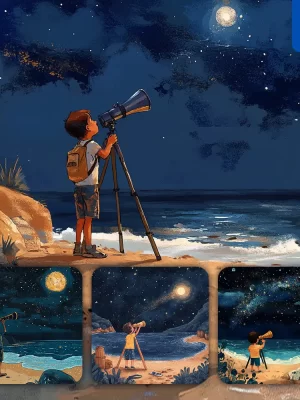 Midjourney Prompt Boy Sky Night Telescope Moon Beach Children Illustration