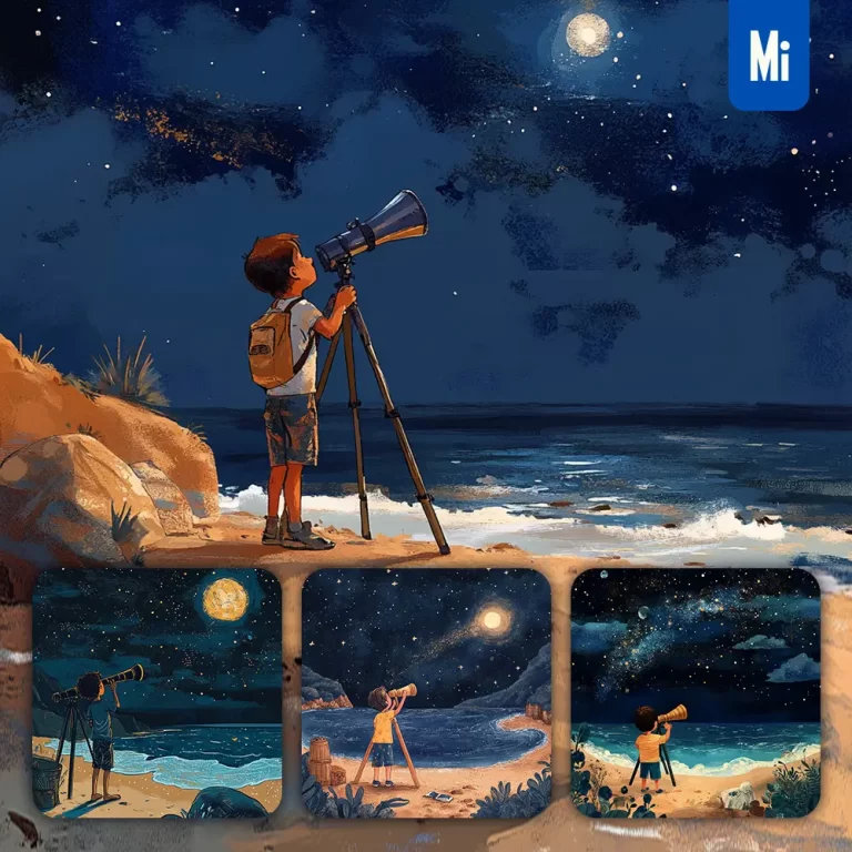 midjourney prompt boy sky night telescope moon beach children illustration