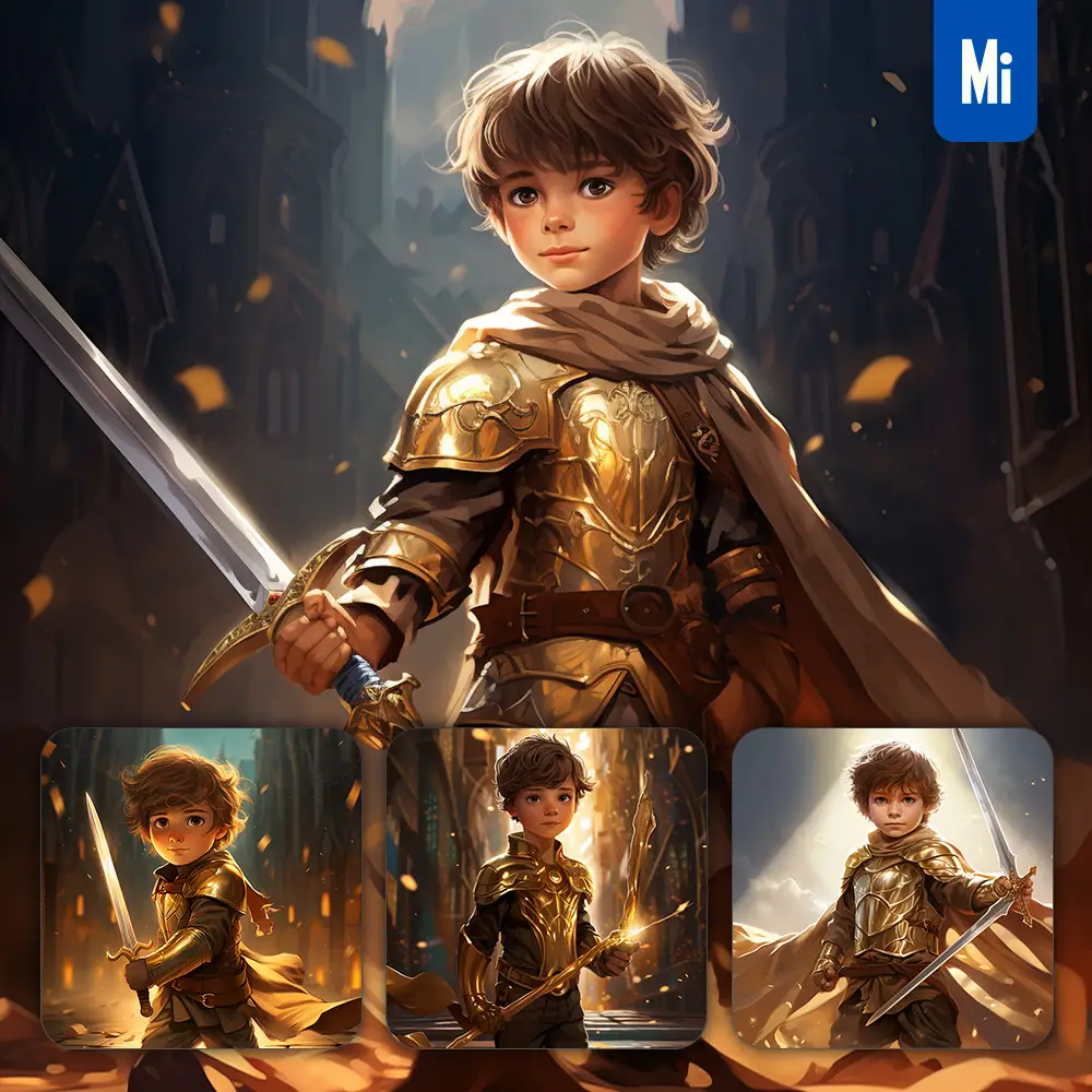 Midjourney Prompt Boy Sword Knight Kids Superhero Golden Cartoon Illustration Painting
