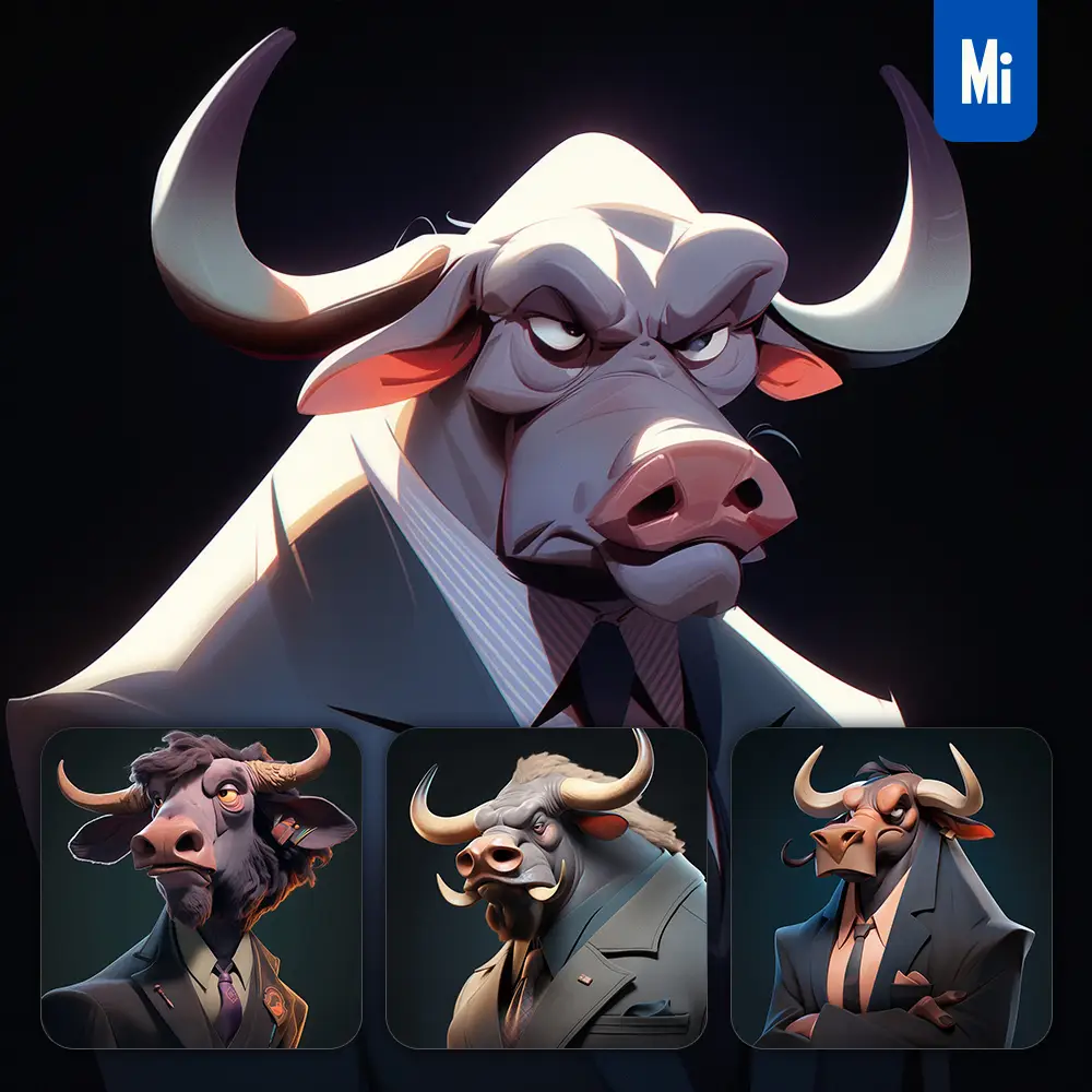 midjourney prompt buffalo boss man suit quirky brooding character design animation cartoon