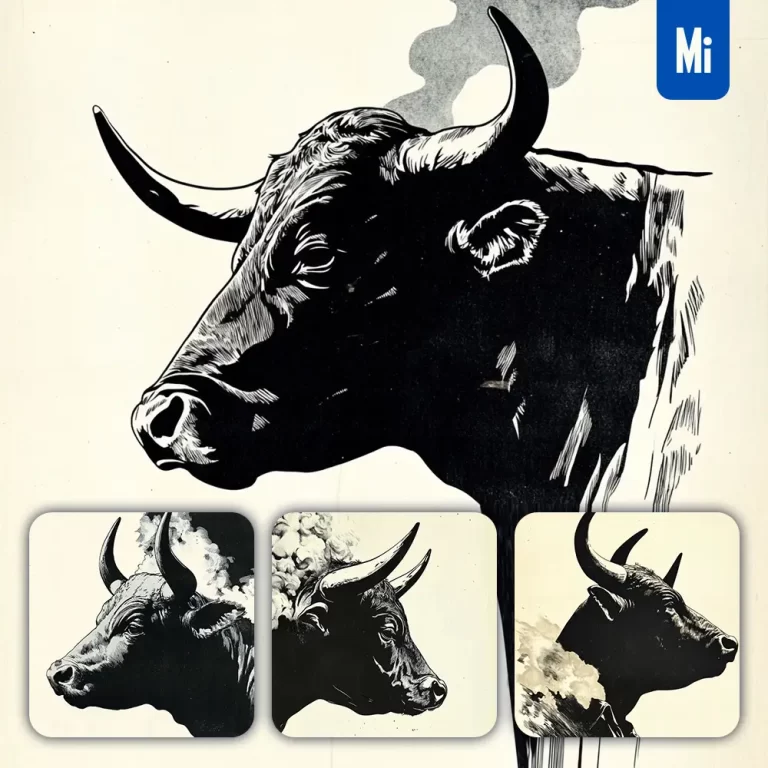 midjourney prompt bull head black and white woodcut print woodblock