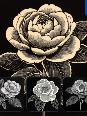 Midjourney Prompt Camellia Flower Black And White Woodcut Print Ink Painting Illustration