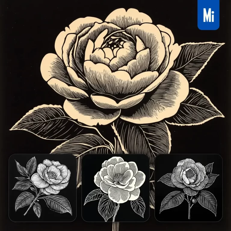 midjourney prompt camellia flower black and white woodcut print ink painting illustration