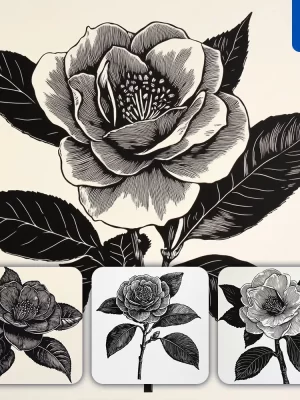 Midjourney Prompt Camellia Flower Woodcut Print Black And White Illustration