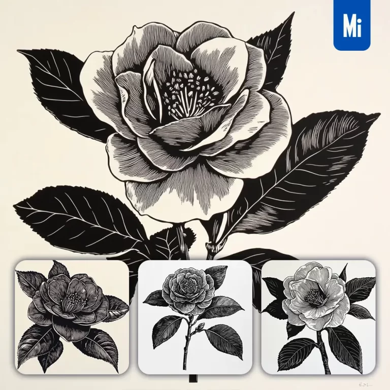 midjourney prompt camellia flower woodcut print black and white illustration