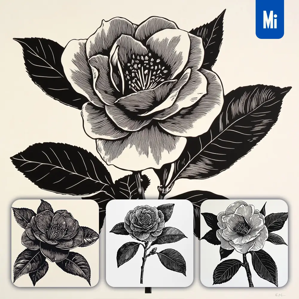 midjourney prompt camellia flower woodcut print black and white illustration