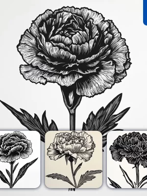 Midjourney Prompt Carnation Flower Woodcut Print Black And White Illustration