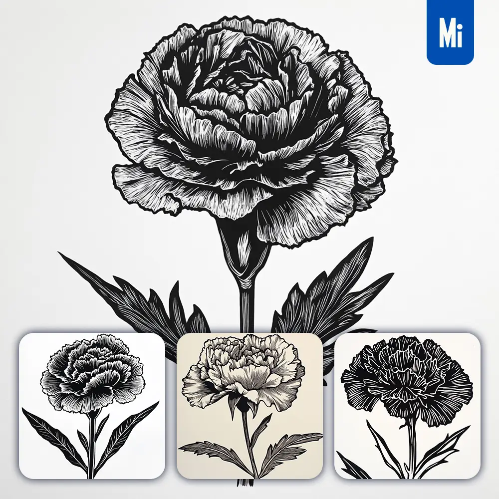midjourney prompt carnation flower woodcut print black and white illustration