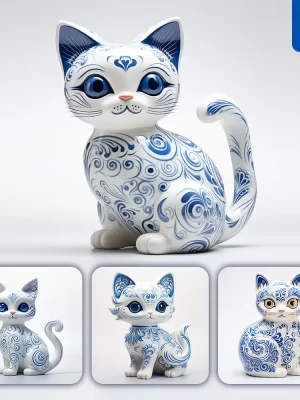 Midjourney Prompt Cat Cute Porcelain Pattern Art Animal 3d Artwork