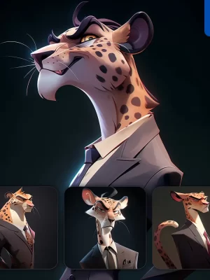 Midjourney Prompt Cheetah Leopard Boss Man Suit Quirky Brooding Character Design Animation Cartoon