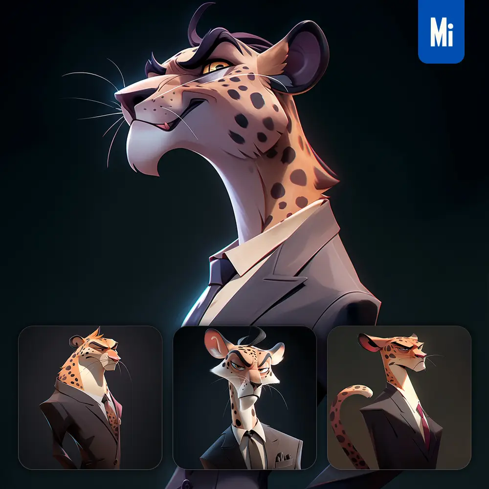 Midjourney Prompt Cheetah Leopard Boss Man Suit Quirky Brooding Character Design Animation Cartoon