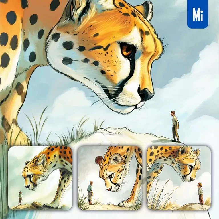 midjourney prompt cheetah man illustration dramatic scene storybook painting